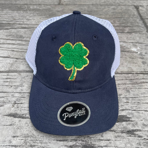 Navy Gold Trim Chenille Clover
